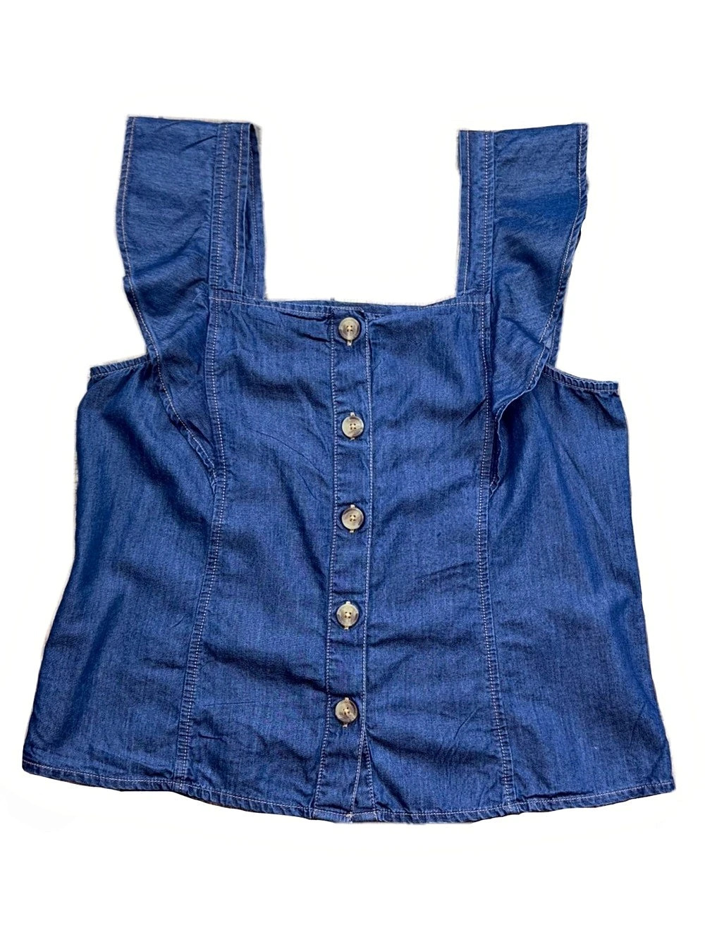a.n.a vintage Denim Button Front ruffled top Size Medium Like New